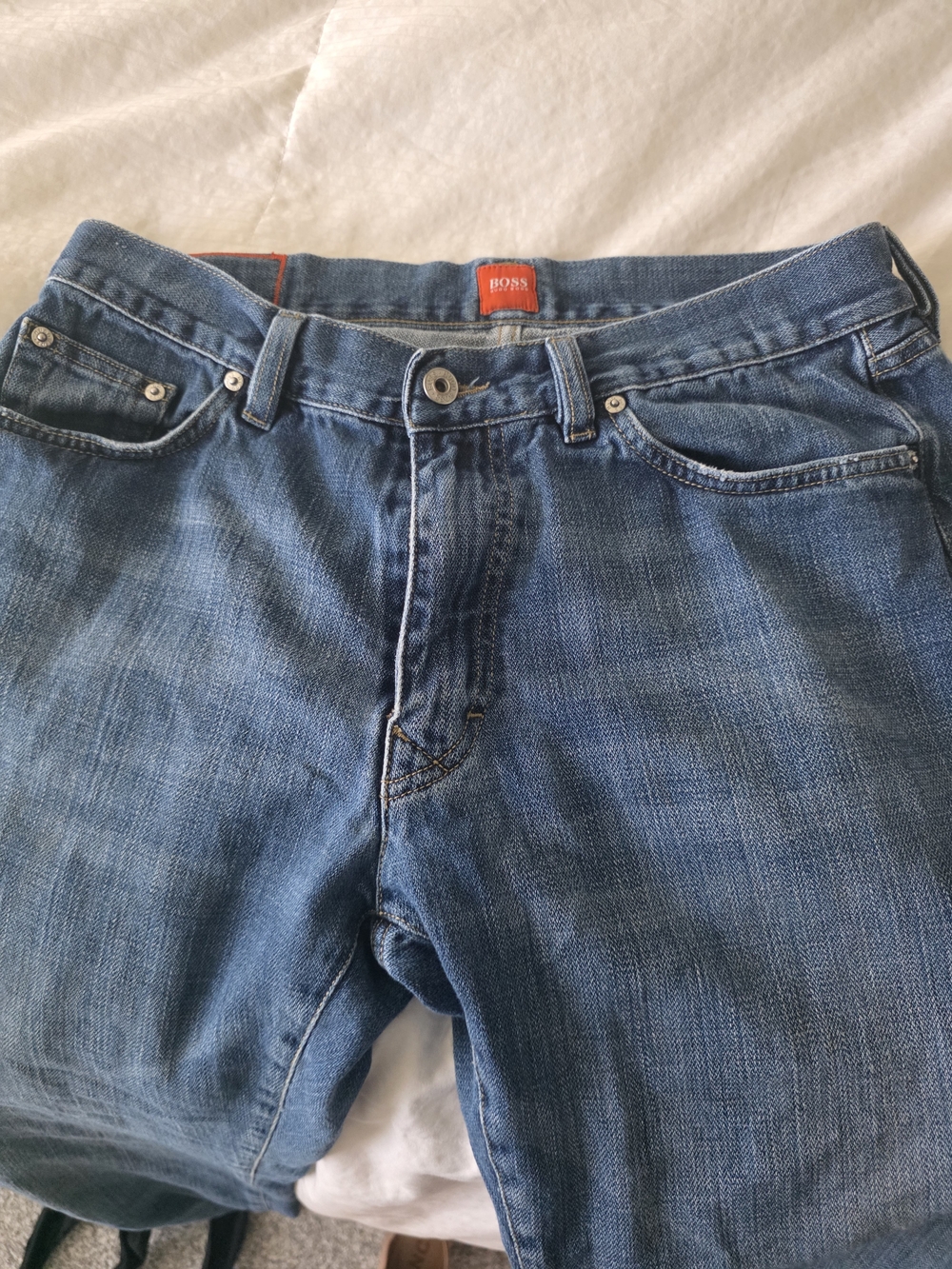Hugo Boss Slim Straight Blue Denim Jeans with Red Logo Tab